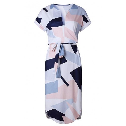 Womens Dresses Summer Casual V-Neck Floral Print Geometric Pattern Belted Dress