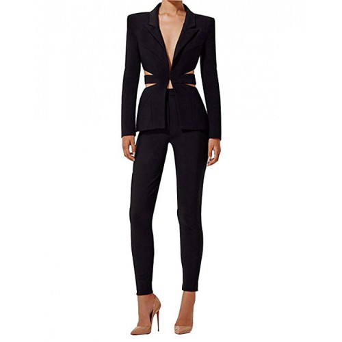 Women's Cut Out 2 Pieces Slim Fit Blazer Jacket Pants Suit Set